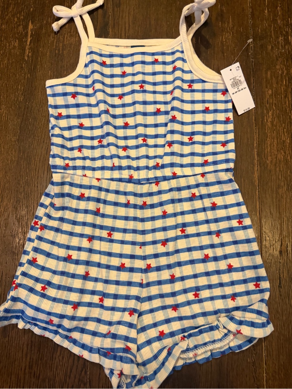 Old Navy Blue & White Striped Romper with Red Star Print